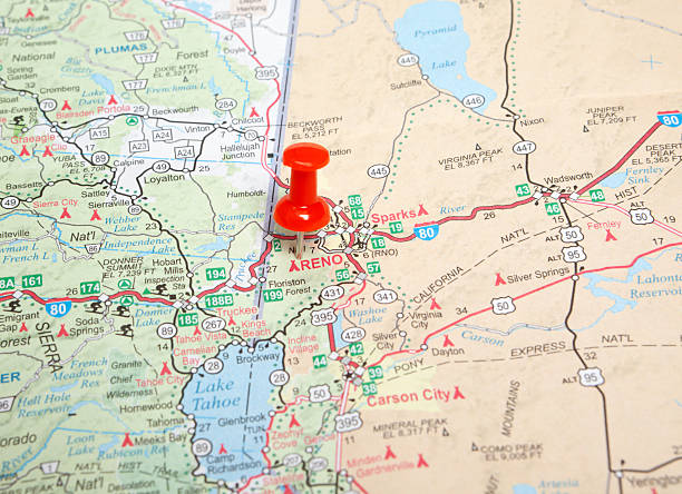 Thumbtack on United States roadmap of Reno, Nevada.